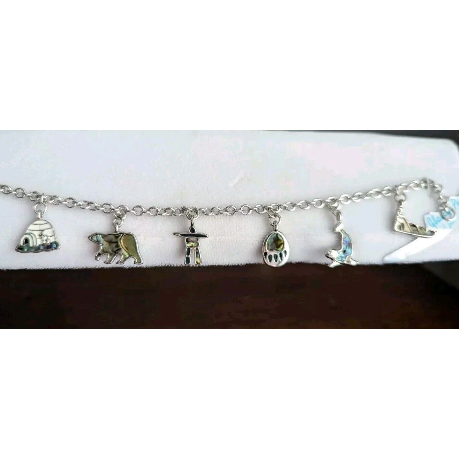 Vtg Storrs Glacier Pearl Abalone Animal Charm Bracelet Alaska Bear Igloo Silver